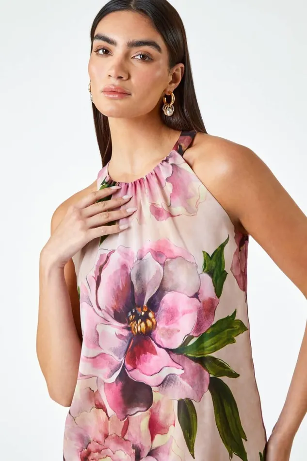 Women Pink LIMITED Floral Halterneck Shift Dress Roman Dresses