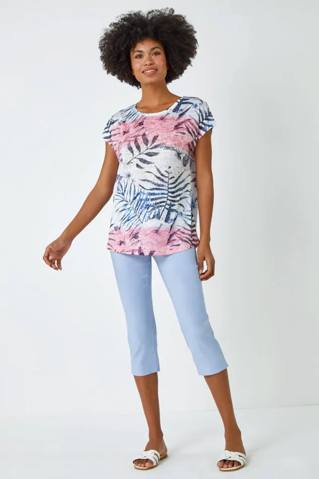 Women Pink Palm Print Burnout TShirt Roman Tops