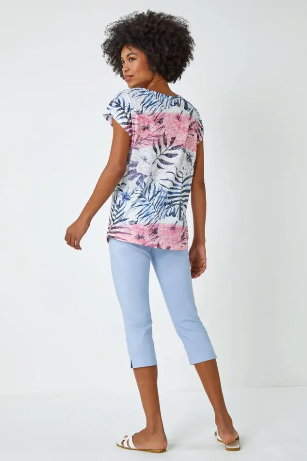 Women Pink Palm Print Burnout TShirt Roman Tops