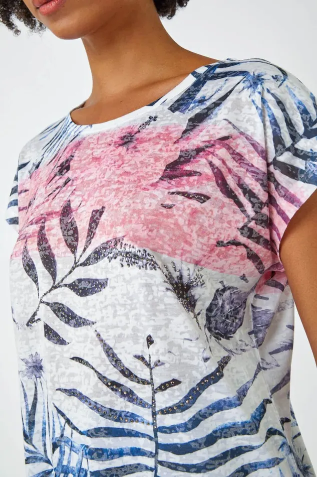 Women Pink Palm Print Burnout TShirt Roman Tops