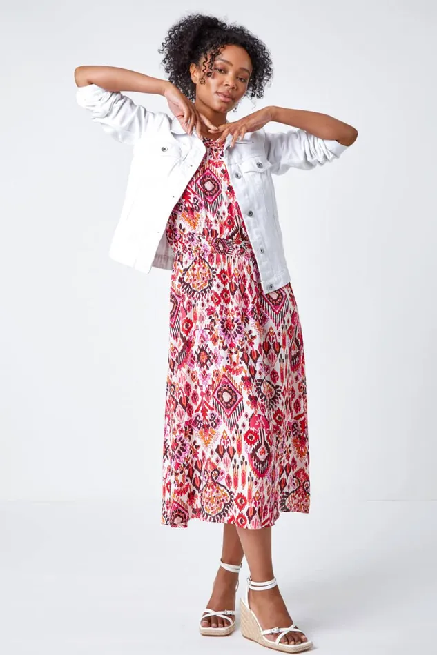 Women Pink Petite Aztec Halterneck Shift Dress Roman Dresses
