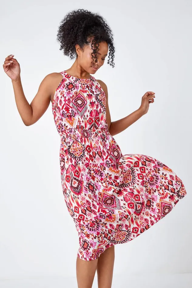 Women Pink Petite Aztec Halterneck Shift Dress Roman Dresses