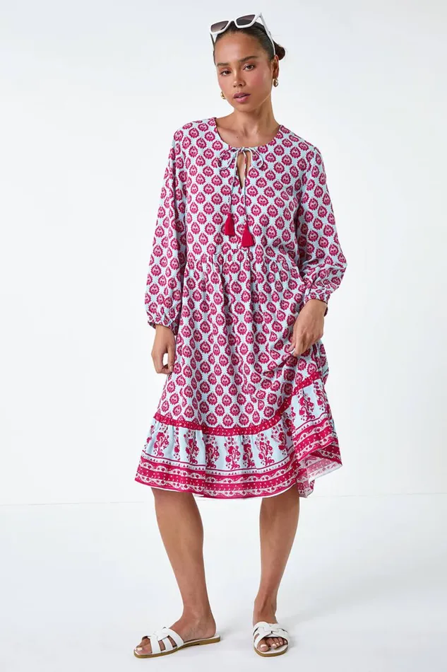 Women Pink Petite Border Print Tassel Smock Dress Roman Dresses