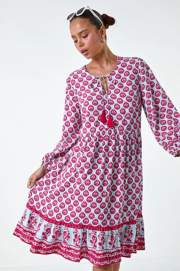 Women Pink Petite Border Print Tassel Smock Dress Roman Dresses