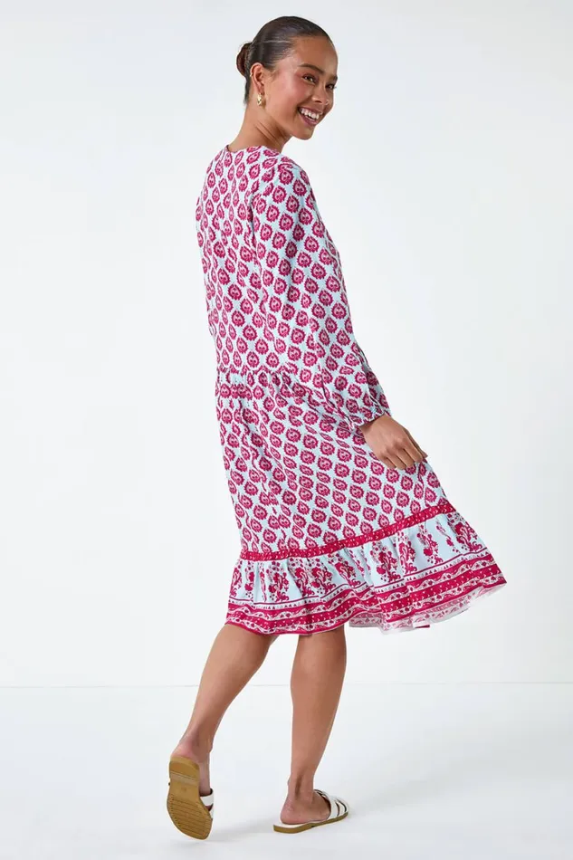 Women Pink Petite Border Print Tassel Smock Dress Roman Dresses