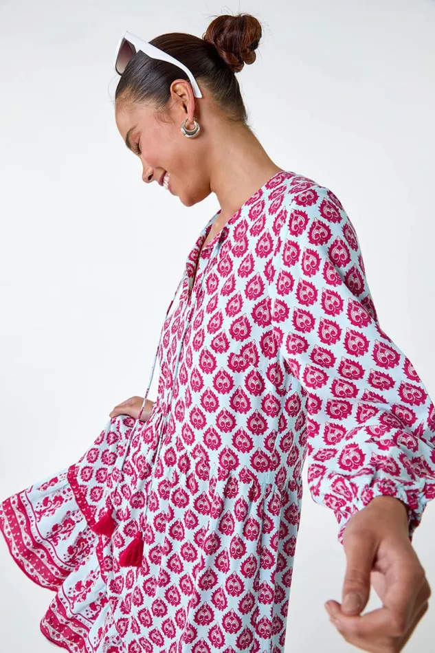 Women Pink Petite Border Print Tassel Smock Dress Roman Dresses