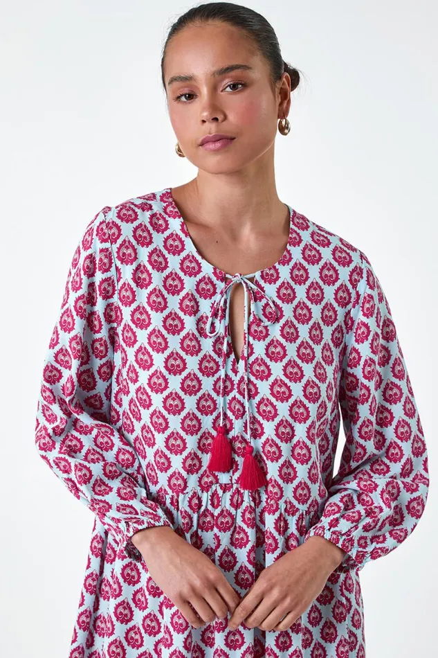 Women Pink Petite Border Print Tassel Smock Dress Roman Dresses