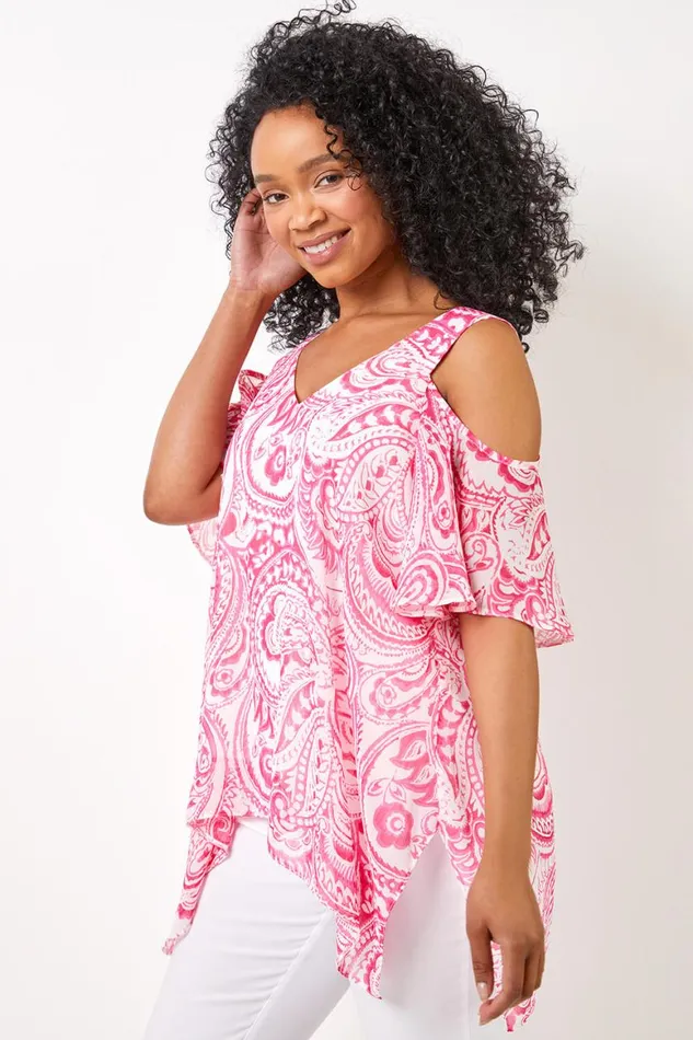 Women Pink Petite Cold Shoulder Paisley Hanky Hem Top Roman Tops