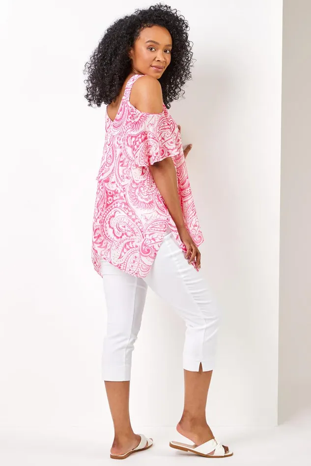 Women Pink Petite Cold Shoulder Paisley Hanky Hem Top Roman Tops