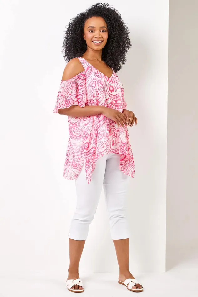 Women Pink Petite Cold Shoulder Paisley Hanky Hem Top Roman Tops