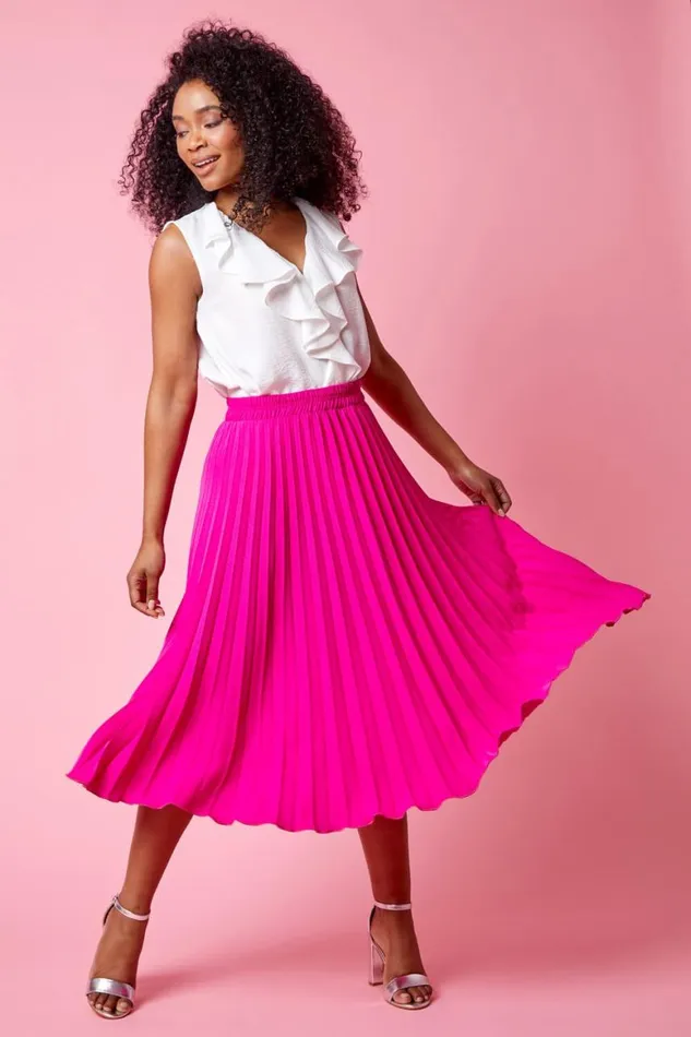 Women Pink Petite Elastic Waist A Line Pleated Midi Skirt Roman Occasionwear