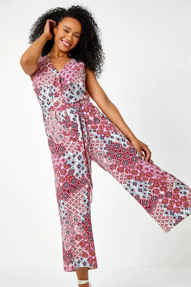 Women Pink Petite Sleeveless Aztec Print Jumpsuit Roman Dresses