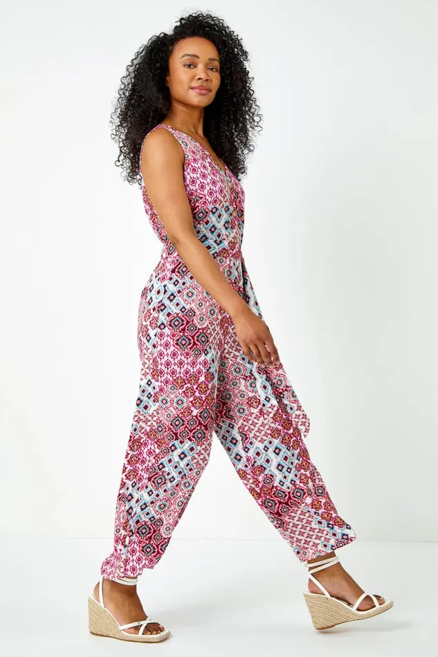 Women Pink Petite Sleeveless Aztec Print Jumpsuit Roman Dresses