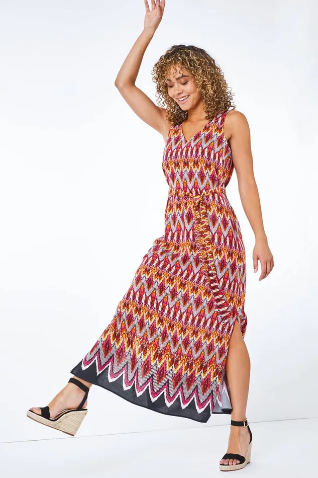 Women Pink Petite Tribal Print Midi Dress Roman Dresses