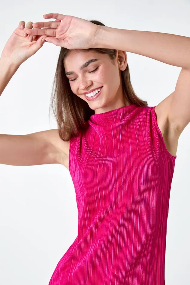 Women Pink Plisse Stretch Top Roman Tops