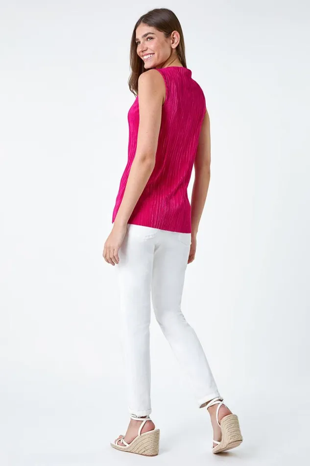 Women Pink Plisse Stretch Top Roman Tops