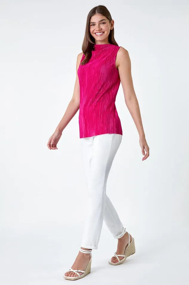 Women Pink Plisse Stretch Top Roman Tops