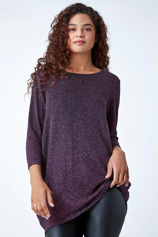 Women Pink Shimmer Dipped Hem Stretch Top Roman Tops