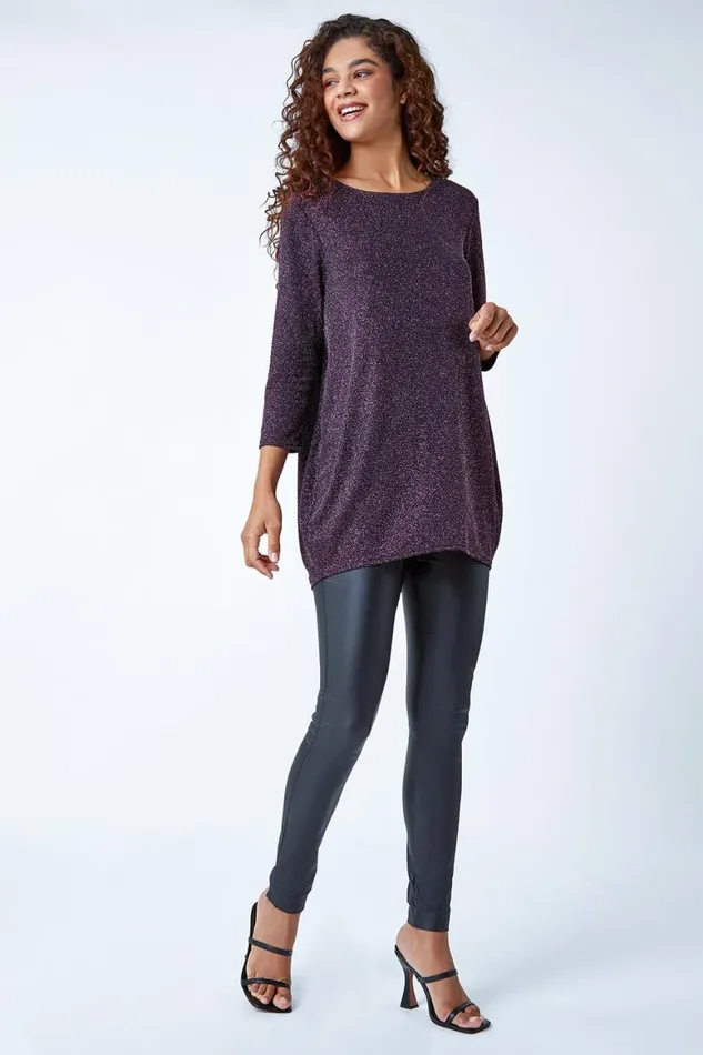 Women Pink Shimmer Dipped Hem Stretch Top Roman Tops