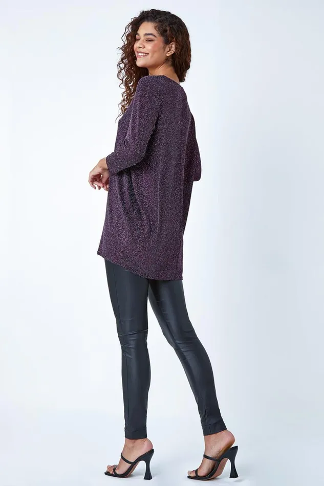 Women Pink Shimmer Dipped Hem Stretch Top Roman Tops