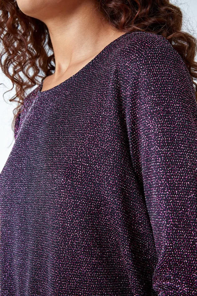 Women Pink Shimmer Dipped Hem Stretch Top Roman Tops
