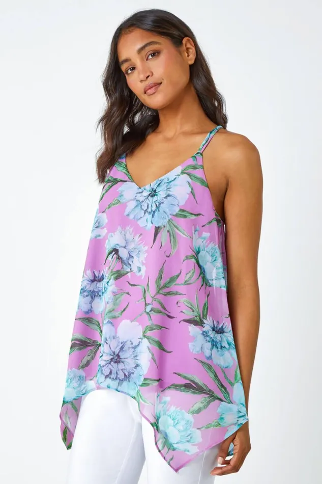 Women Pink Sleeveless Floral Double Layer Top Roman Tops