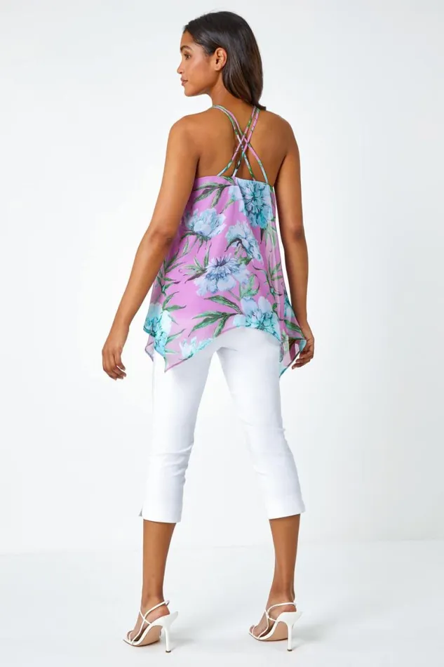 Women Pink Sleeveless Floral Double Layer Top Roman Tops