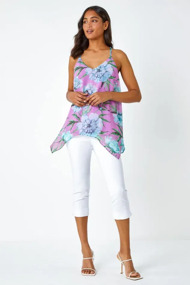 Women Pink Sleeveless Floral Double Layer Top Roman Tops
