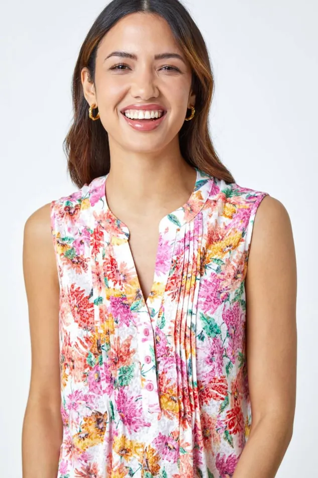 Women Pink Sleeveless Floral Print Vest Roman Tops