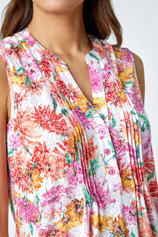 Women Pink Sleeveless Floral Print Vest Roman Tops