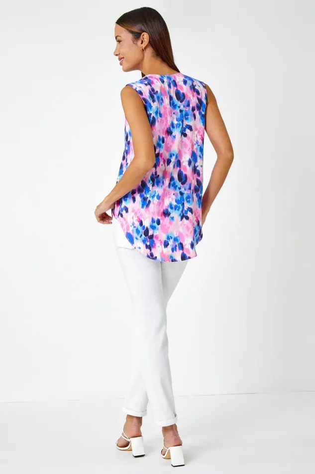 Women Pink Sleeveless VNeck Floral Pleat Front Top Roman Tops