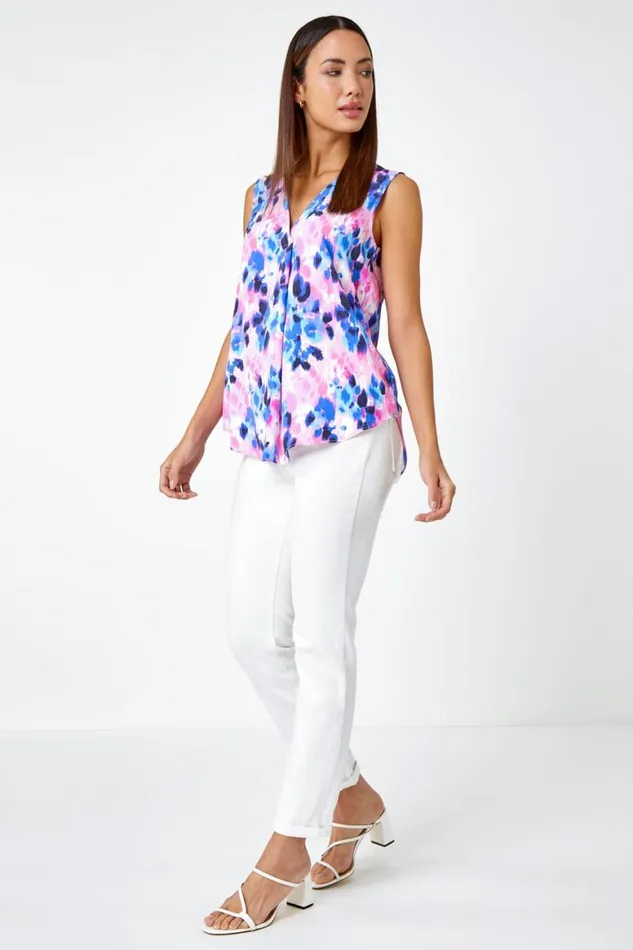 Women Pink Sleeveless VNeck Floral Pleat Front Top Roman Tops