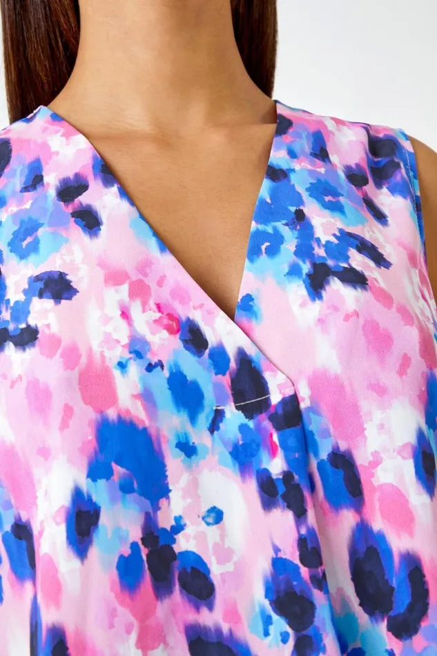Women Pink Sleeveless VNeck Floral Pleat Front Top Roman Tops