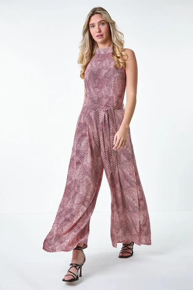 Women Pink Spot Halter Neck Side Split Jumpsuit Roman Dresses