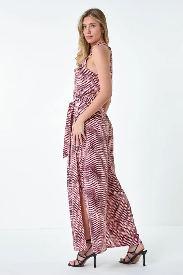 Women Pink Spot Halter Neck Side Split Jumpsuit Roman Dresses