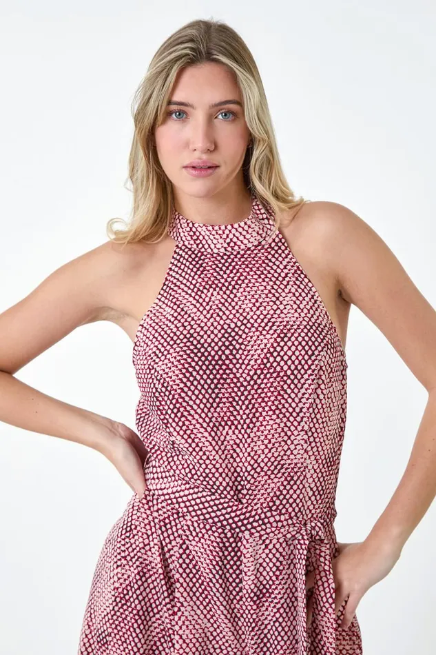 Women Pink Spot Halter Neck Side Split Jumpsuit Roman Dresses