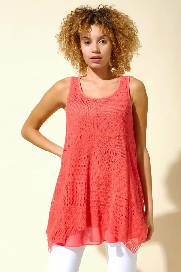 Women Pink Stretch Lace Hanky Hem Vest Top Roman Tops