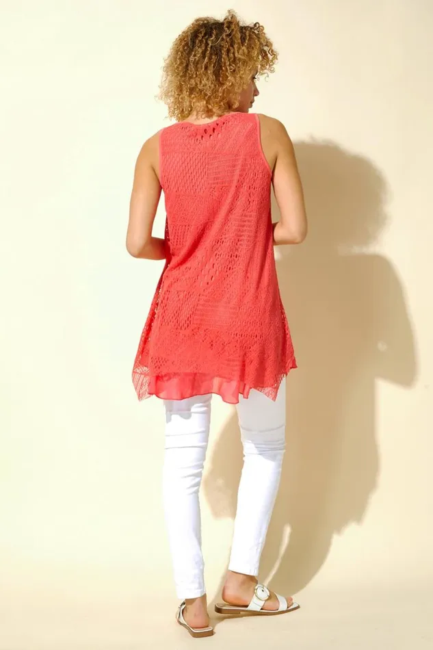 Women Pink Stretch Lace Hanky Hem Vest Top Roman Tops