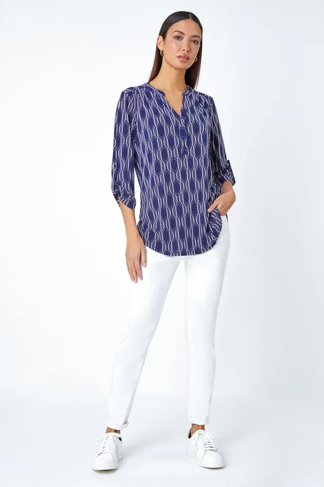 Women Pink Textured Geometric Print VNeck Stretch Shirt Roman Tops