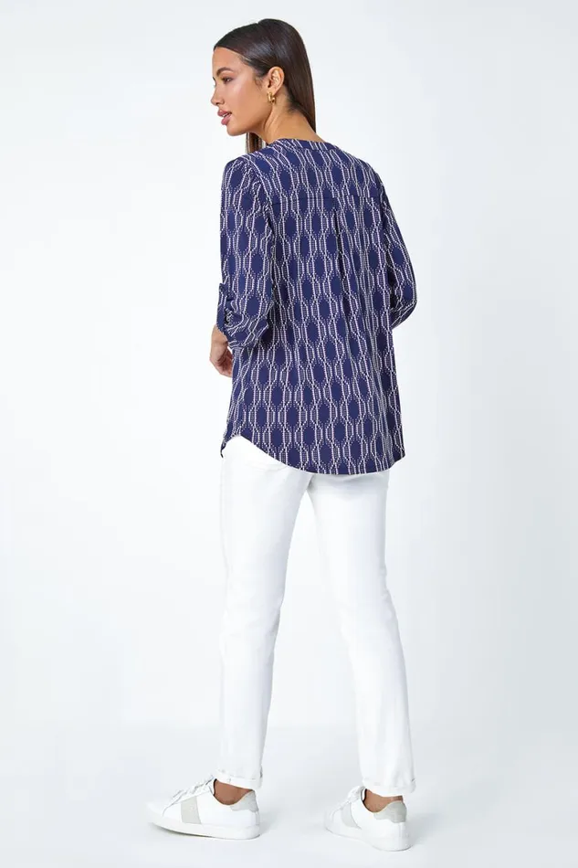 Women Pink Textured Geometric Print VNeck Stretch Shirt Roman Tops