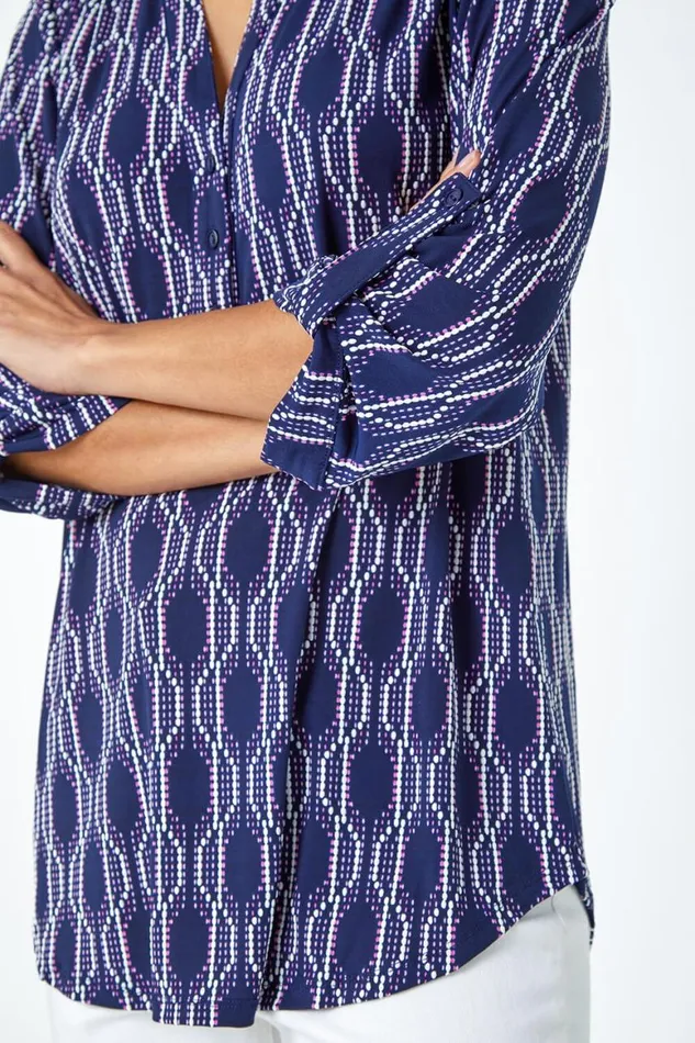 Women Pink Textured Geometric Print VNeck Stretch Shirt Roman Tops