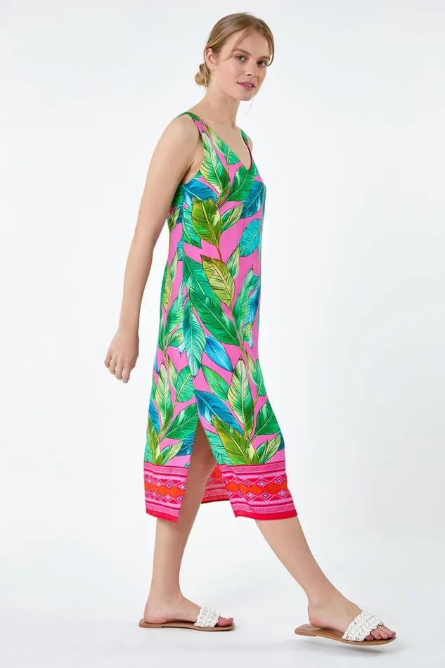 Women Pink Tropical Border Print Midi Dress Roman Dresses