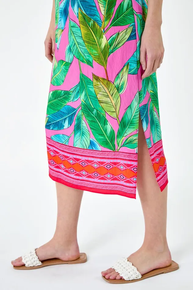 Women Pink Tropical Border Print Midi Dress Roman Dresses