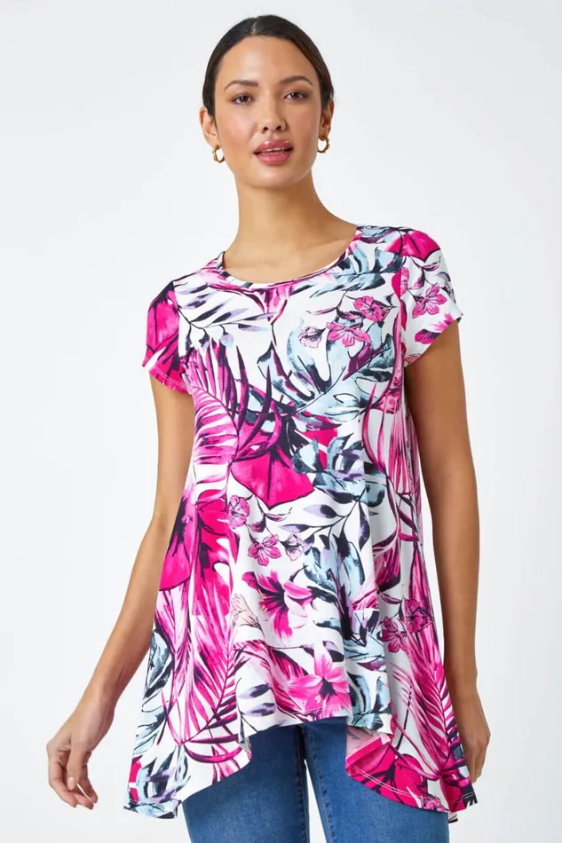 Women Pink Tropical Leaf Stretch Hanky Hem Top Roman Tops
