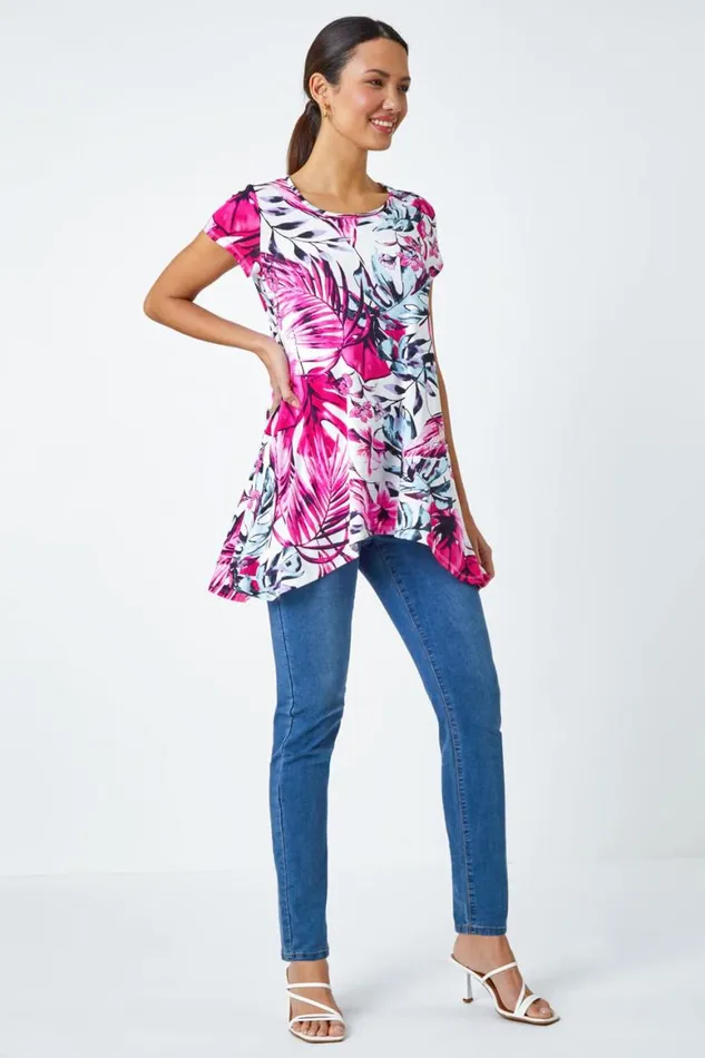 Women Pink Tropical Leaf Stretch Hanky Hem Top Roman Tops