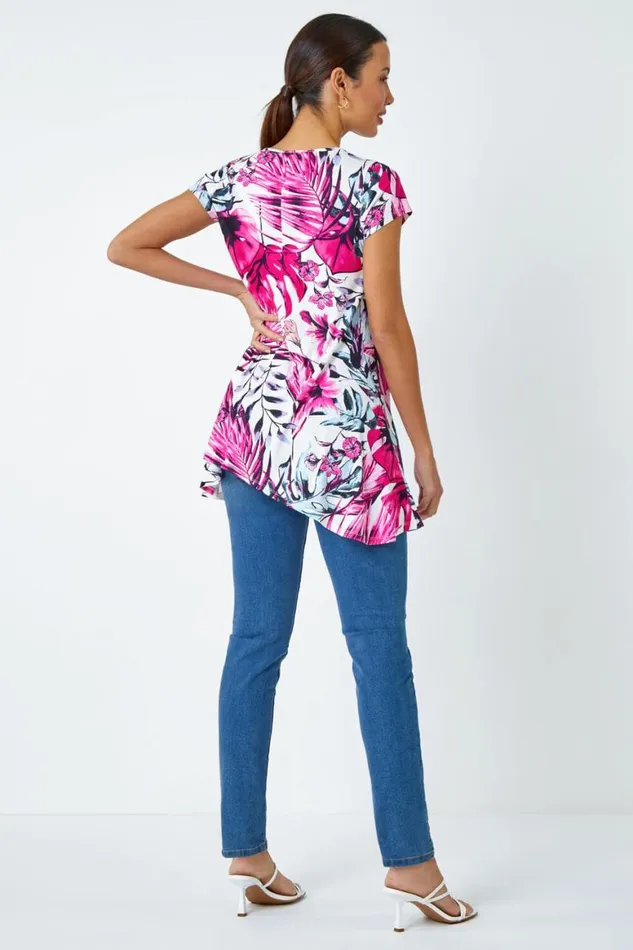 Women Pink Tropical Leaf Stretch Hanky Hem Top Roman Tops