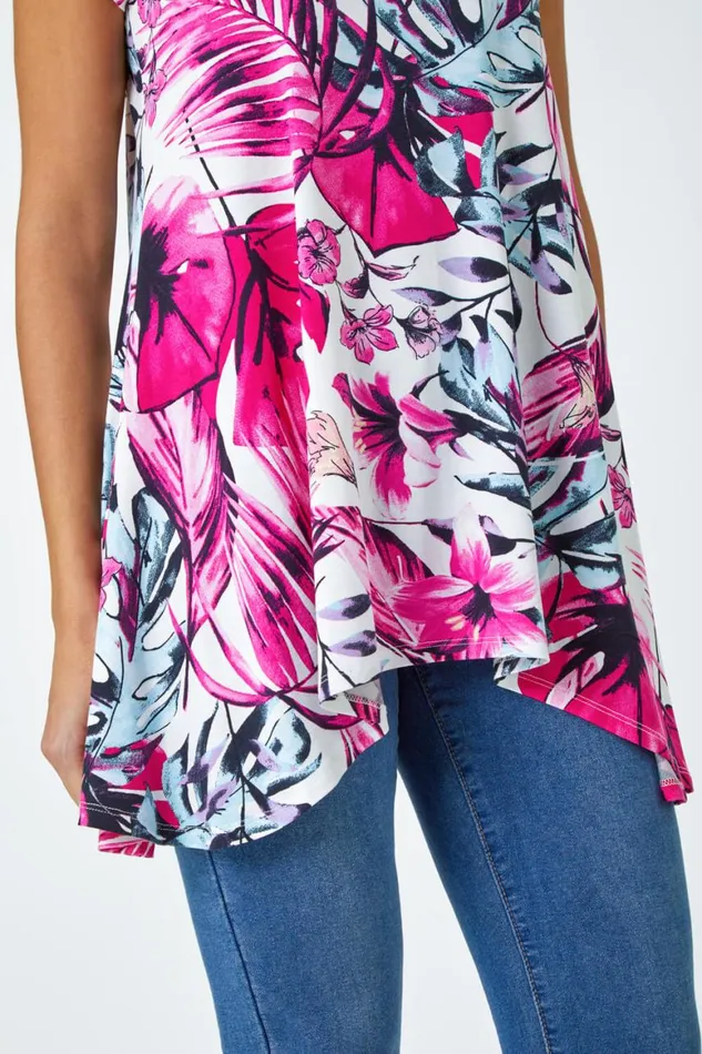 Women Pink Tropical Leaf Stretch Hanky Hem Top Roman Tops