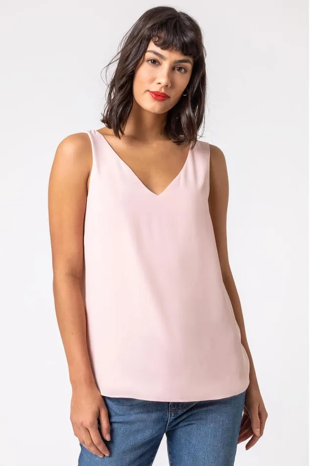 Women Pink VNeck Sleeveless Chiffon Vest Top Roman Tops