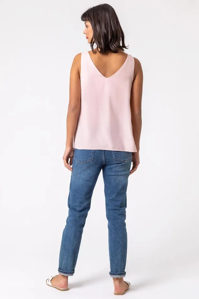 Women Pink VNeck Sleeveless Chiffon Vest Top Roman Tops