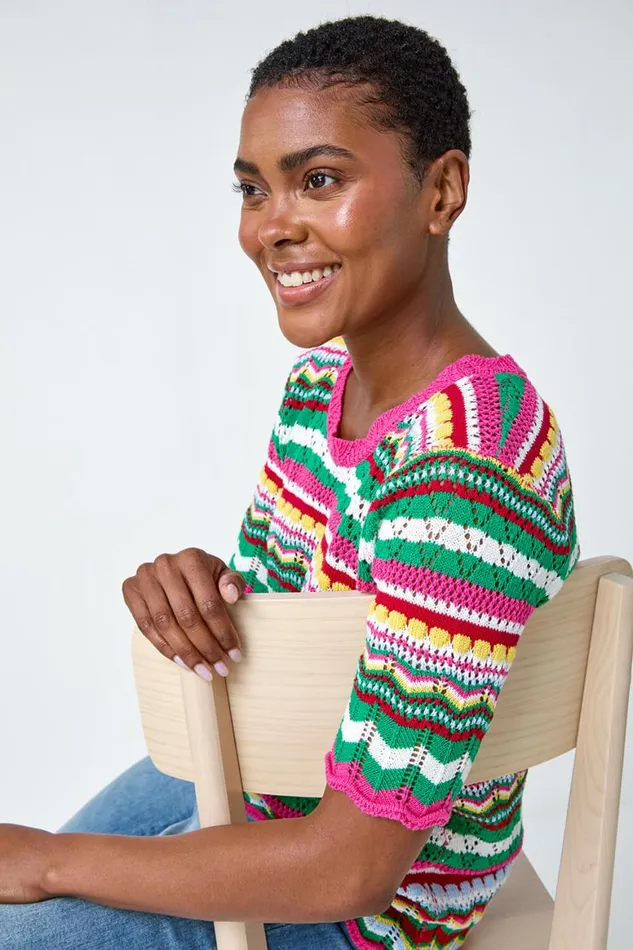 Women Pink Wave Print Knitted Cotton Top Roman Tops